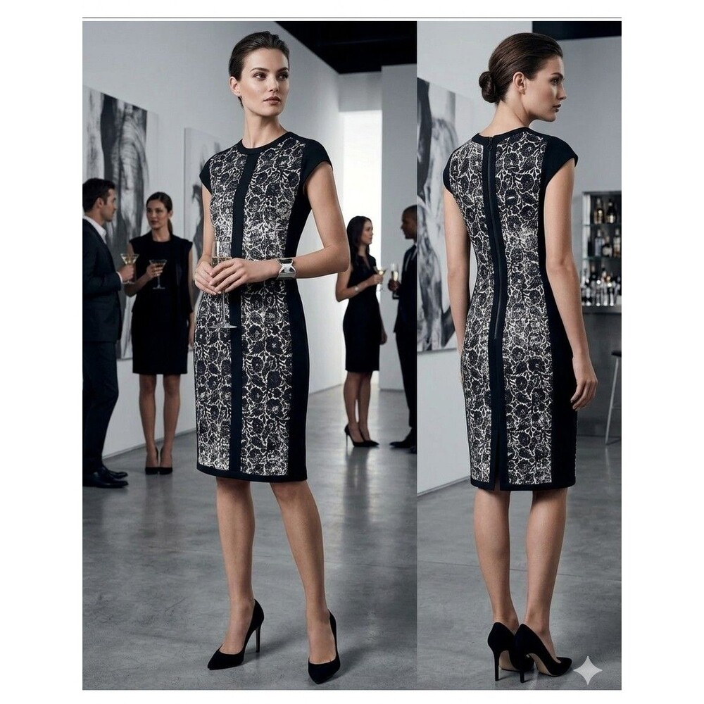 Narciso Rodriguez Black/White Floral Sheath Dress Full Zip Back Sz 2 Luxury Chic